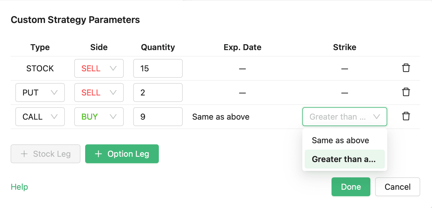 Custom strategy legs with quantity and direction