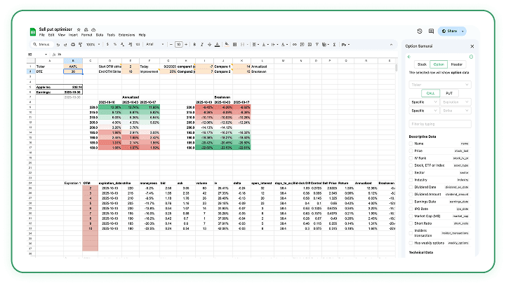 Option Samurai data pane inside Excel