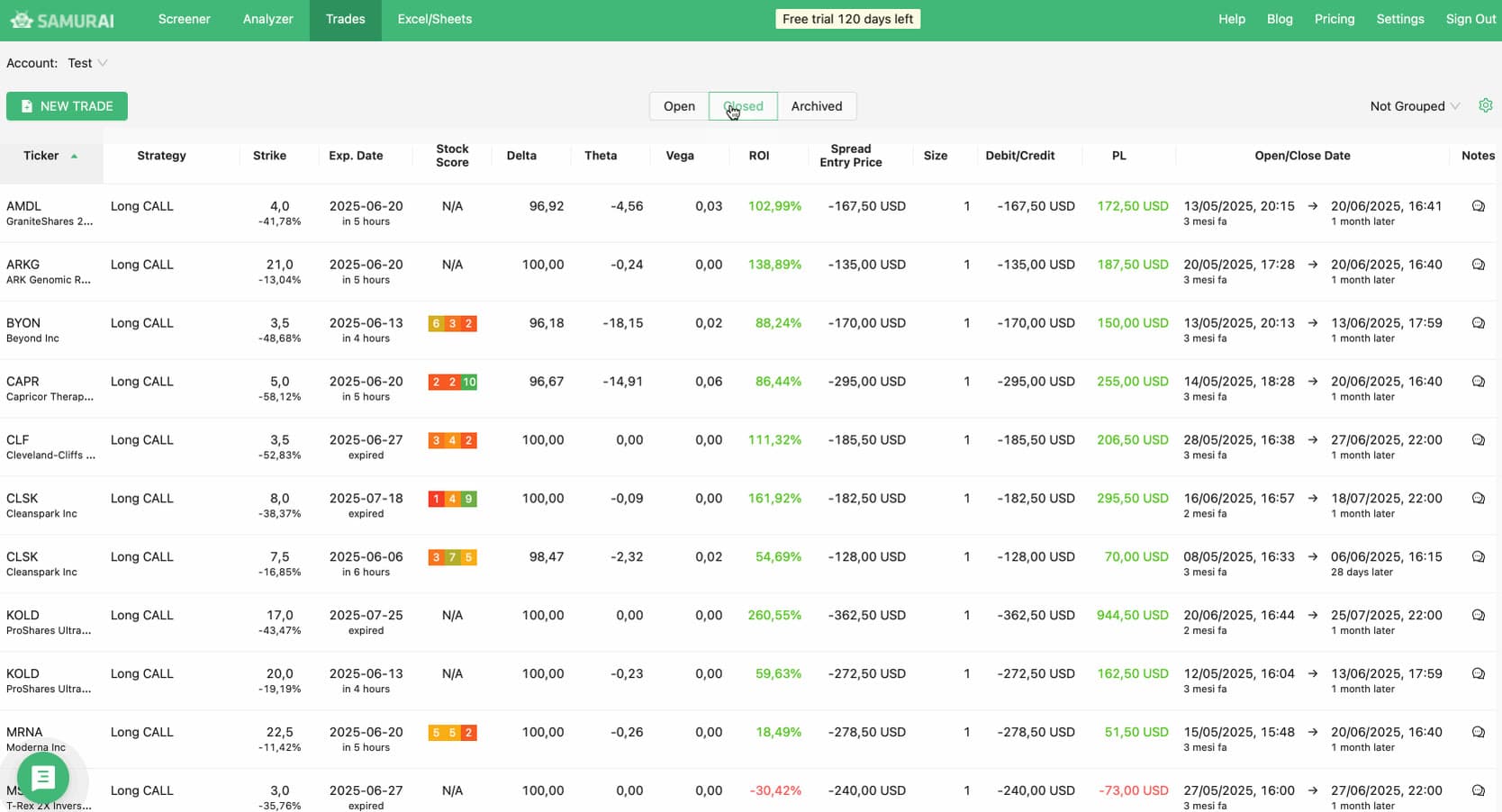 Trading journal with live positions