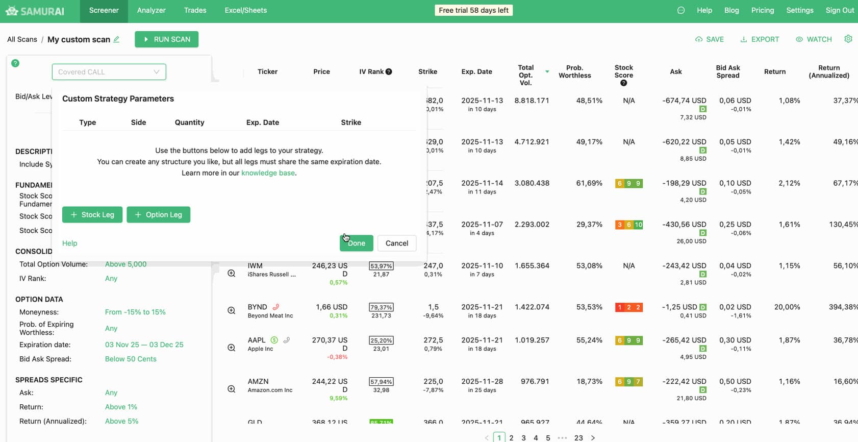 Building a custom options strategy and scanning the market
