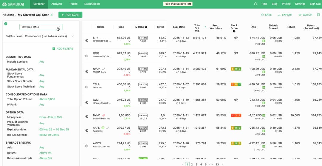 Option Samurai options screener in action