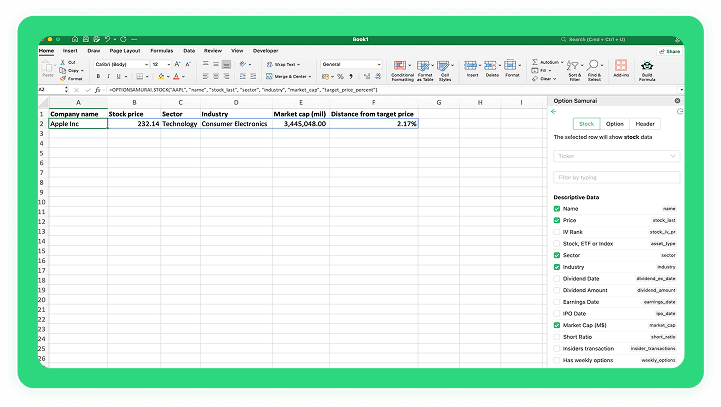 Stock and options formulas in a spreadsheet