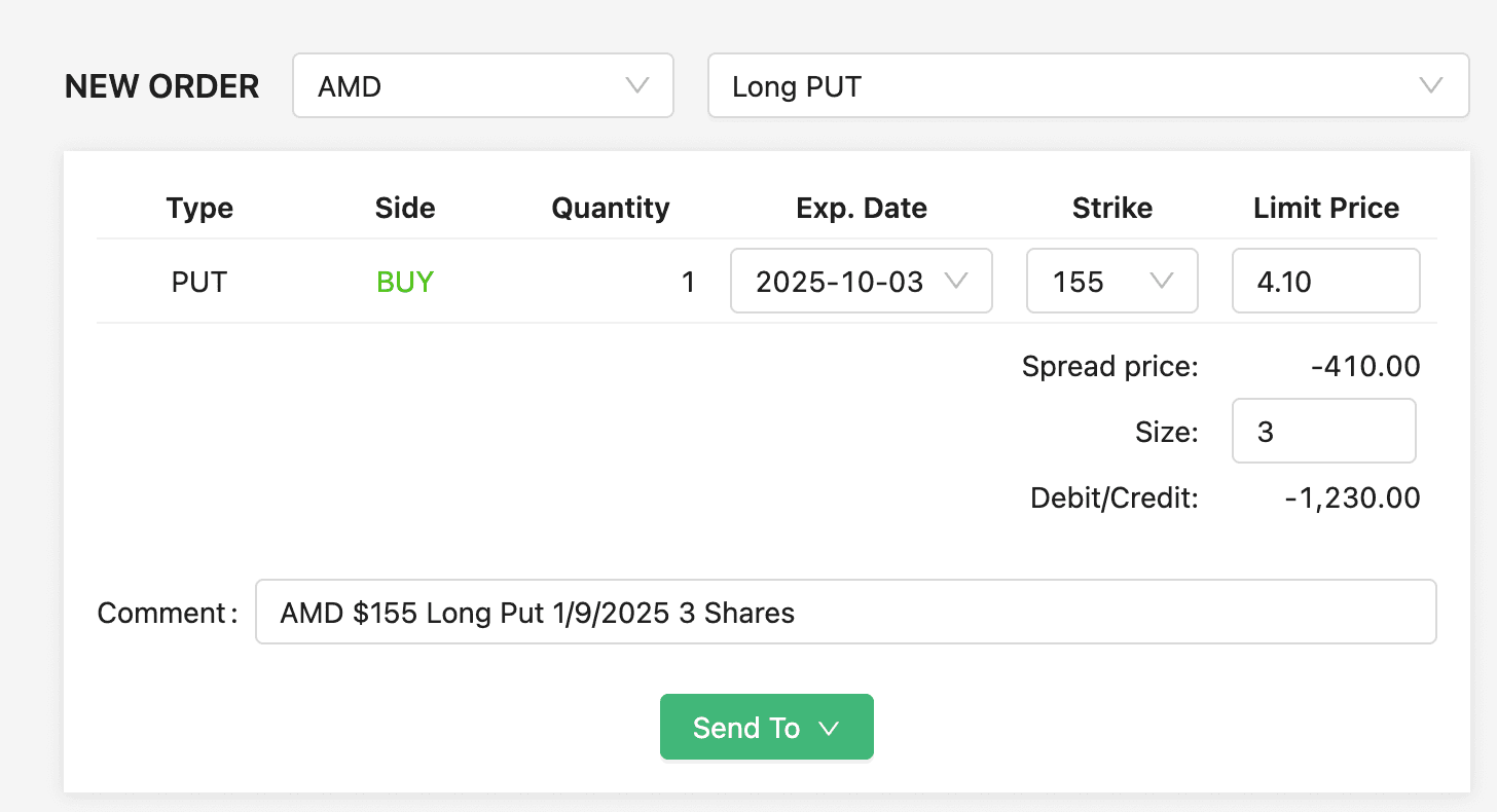Order ticket sent to the trading journal