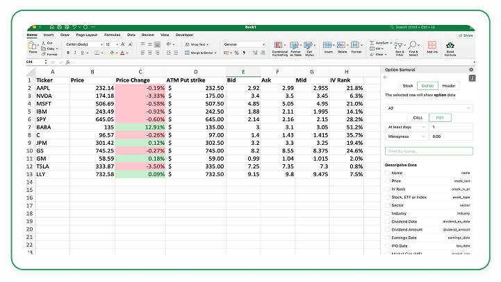 A spreadsheet refreshing with live prices