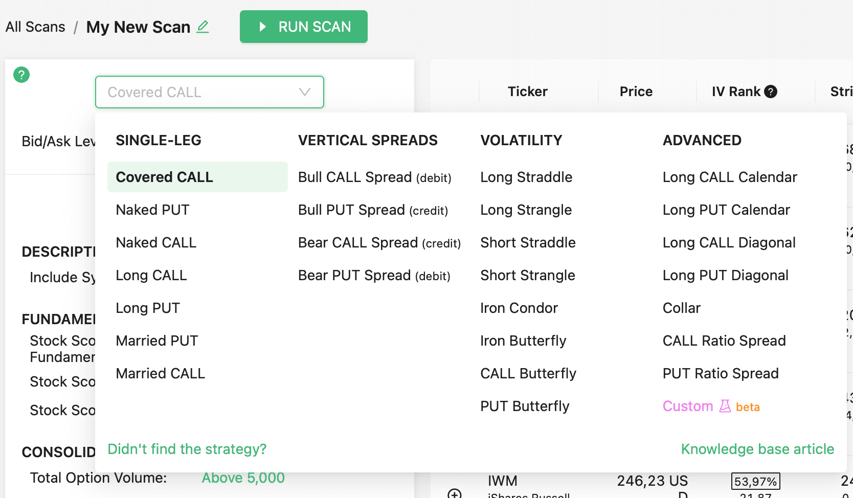 Screener results across options strategies