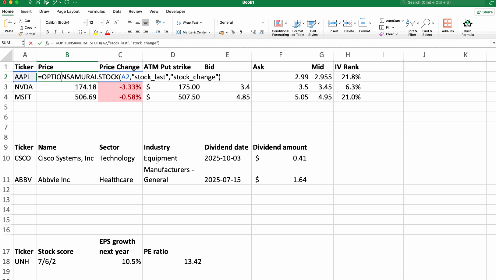 Options formulas filling an Excel worksheet